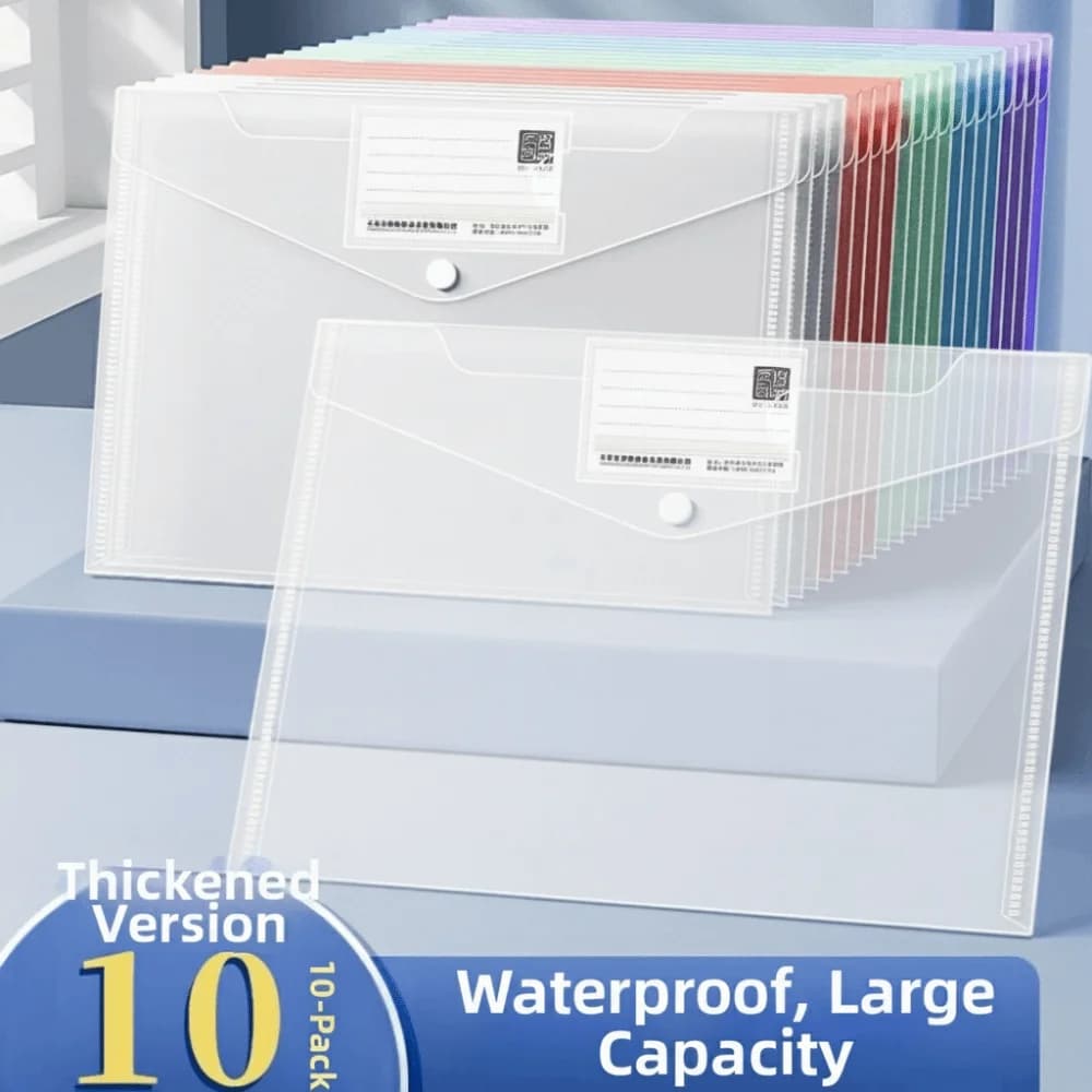 10 Pcs Clear A4 File Folders Large Capacity Plastic Snap Button Closure File Folders Durable Storage Bag Document Pouch