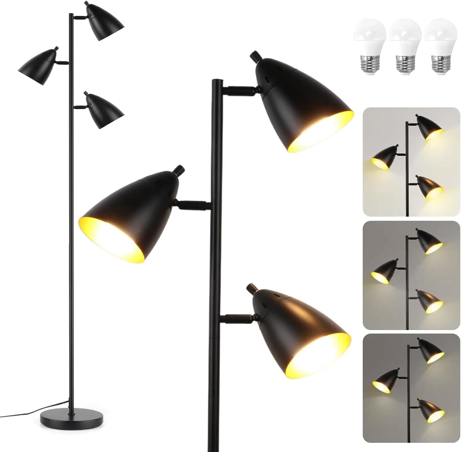 Lampada da Terra Industriale a 3 Luci con Teste Regolabili, Lampada Rustica Stile Fattoria per Soggiorno, Camera da Letto, Ufficio in Nero
