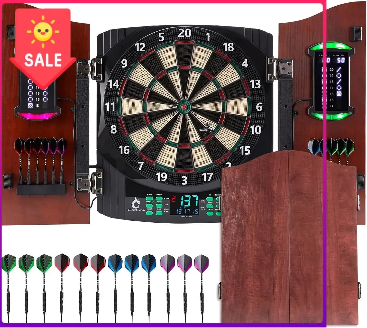 Electronic Dart Board with Wooden Door, Light Effects & Heckler Mode | Electric Dartboard with 12 Darts & 100 Soft Tips, 50