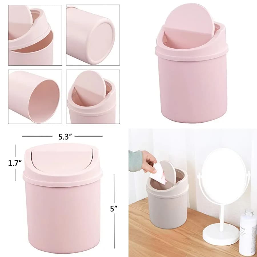 Mini Cestino per Rifiuti in Plastica, Contenitore da Scrivania con Coperchio Basculante, Rosa