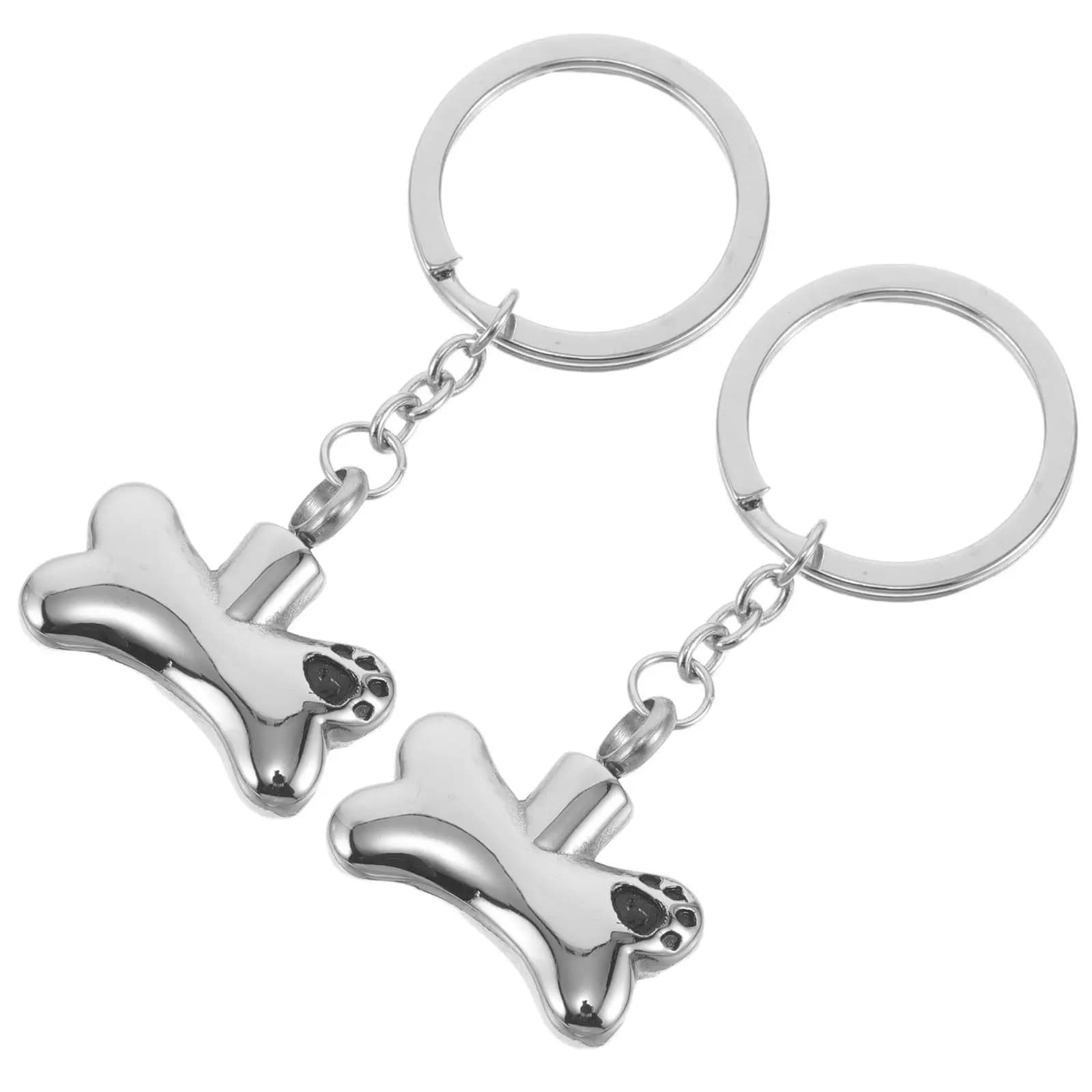 2Pcs Stainless Steel Dog Bone Cremation Pendant Urn Keychain Pet Ashes Memorial Jewelry Portable Carrier Keyring