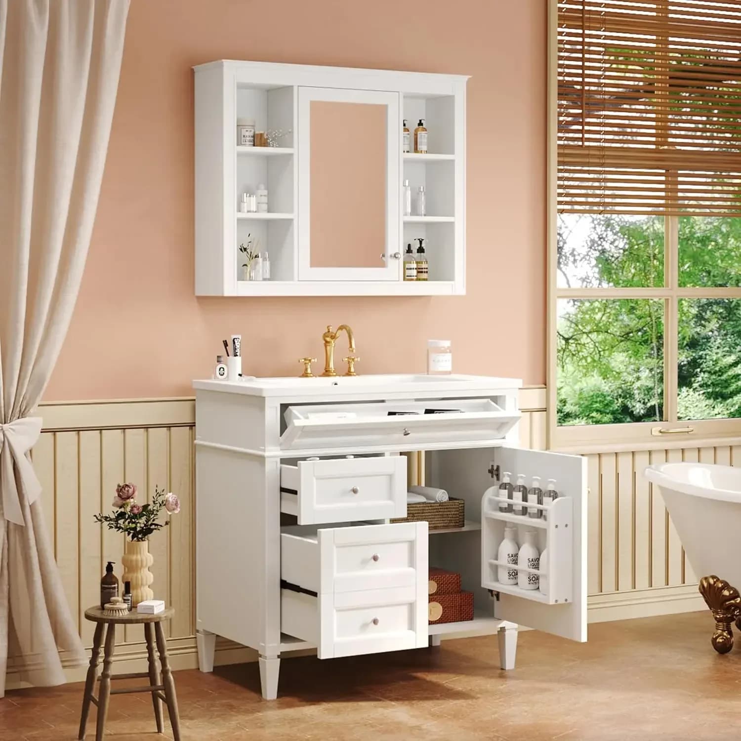 Mobile Bagno da 36 Pollici con Specchio e Armadietto, Lavabo Singolo, Personalizzabile