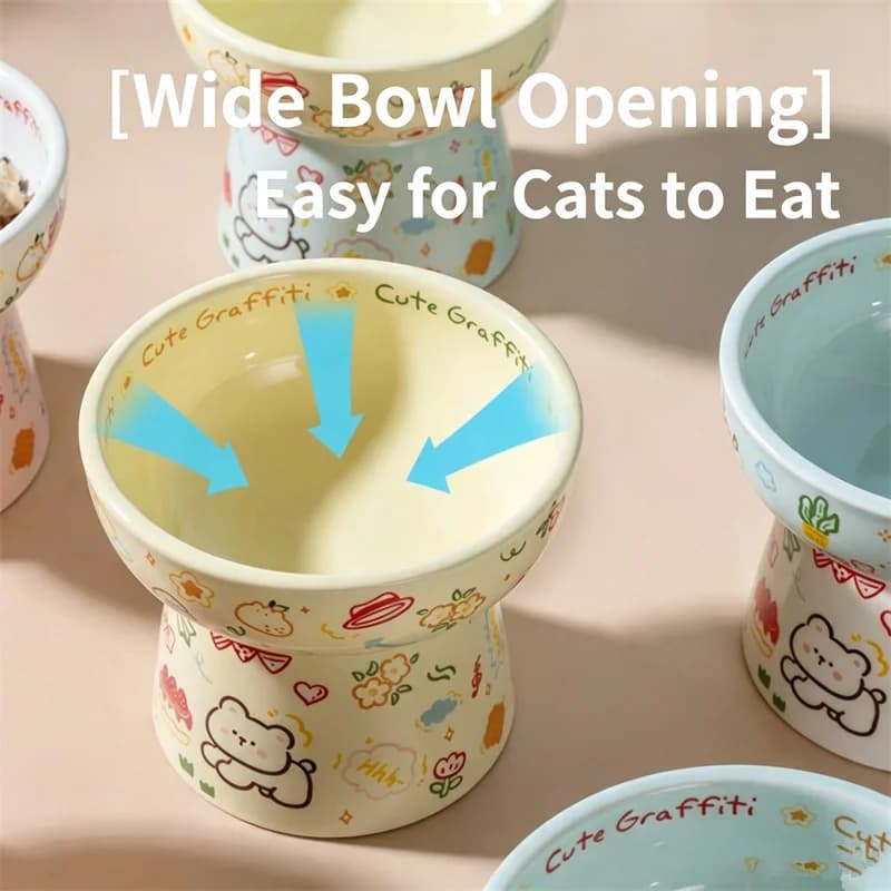 Cute Cartoon Graffiti Elevated Cat Ceramic Bowl Anti‑slip High Foot Pet Feeder Food Water Bowl Protect Pet Neck for Kitten Puppy