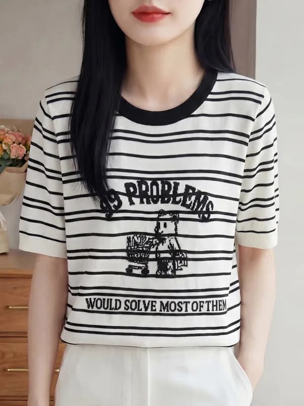 Cute Cartoon Print round Neck Knitted Short Sleeve Women's Summer New Style Korean Loose Striped Letter T-Shirt Casual Loose Fit