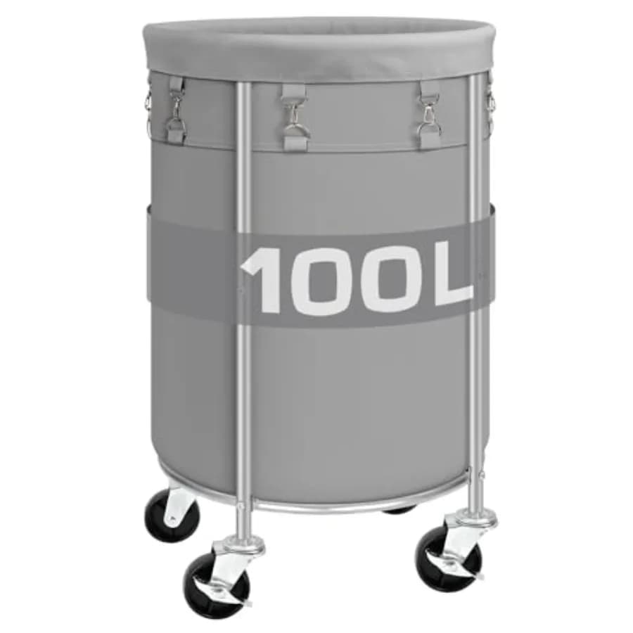 Laundry Hamper with Wheels, 100L Round Rolling Laundry Basket Sorter with Removable Bag, Clothes Cart Organizer with Steel Fram
