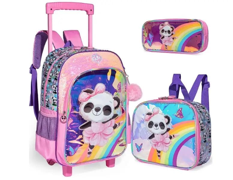 Borsa a rotelle per scuola per bambini con paillettes 3 pezzi Zaino scolastico per ragazze Borsa da viaggio per bagagli Valigia per bagagli con ruote per ragazze