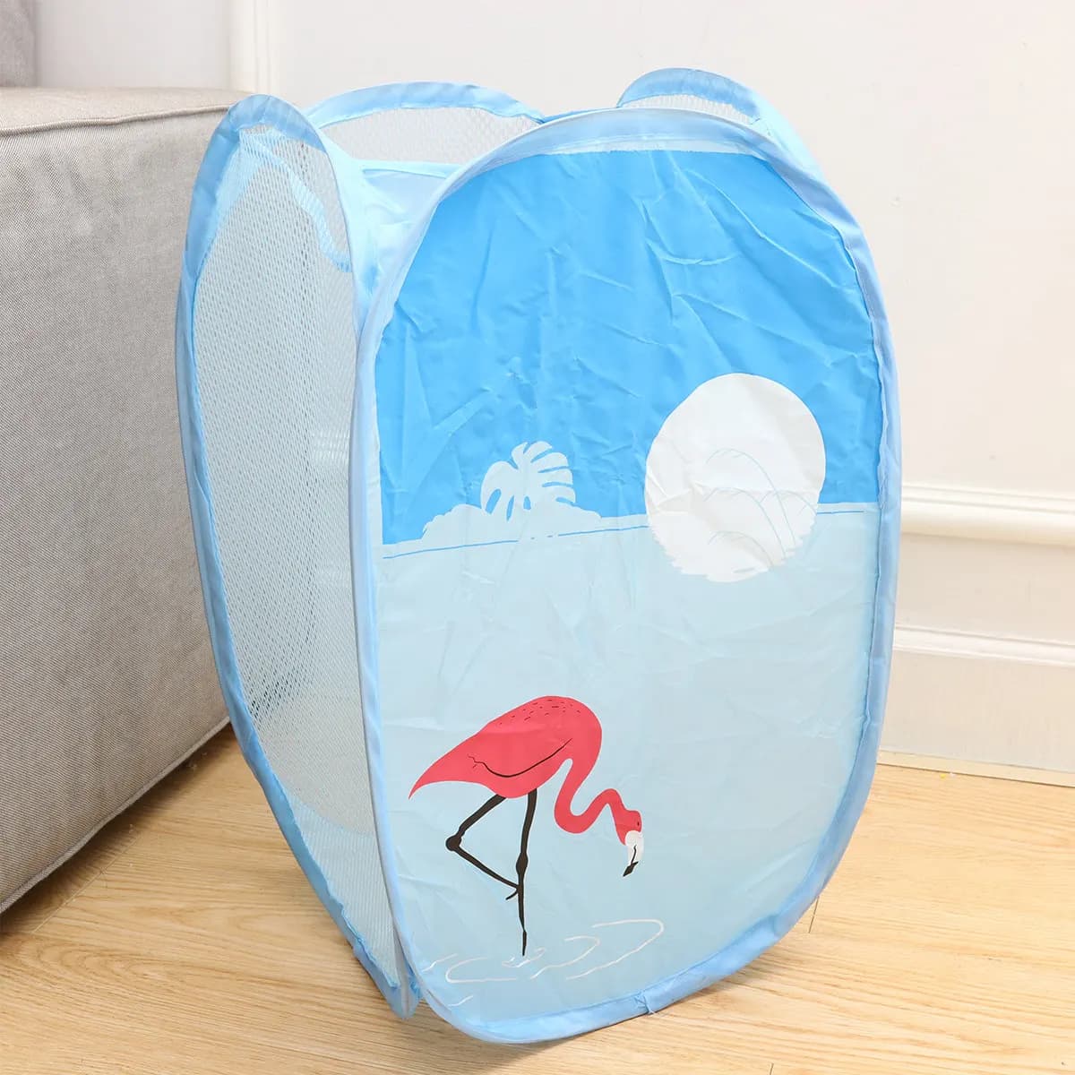 1Pcs Dirty Clothes Basket Foldable Flamingo Pattern Laundry Storage Bag Large Capacity Mesh Breathable Home Laundry Organizer