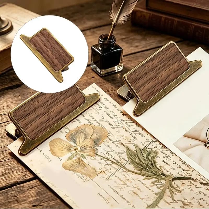Fermacarte anticato Clip per pagine libri Morsetto per documenti in legno e metallo per ricevute Giornale Notebook Planner