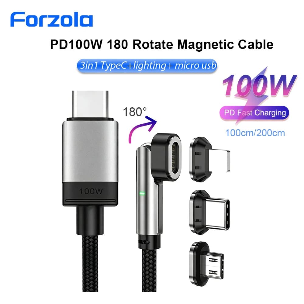 FORZOLA 180 Rotate Magnetic Cable PD100W Fast Charging For Iphone Xiaomi Magnet Charge Micro USB Cable USBC Cellphone Cable Cord