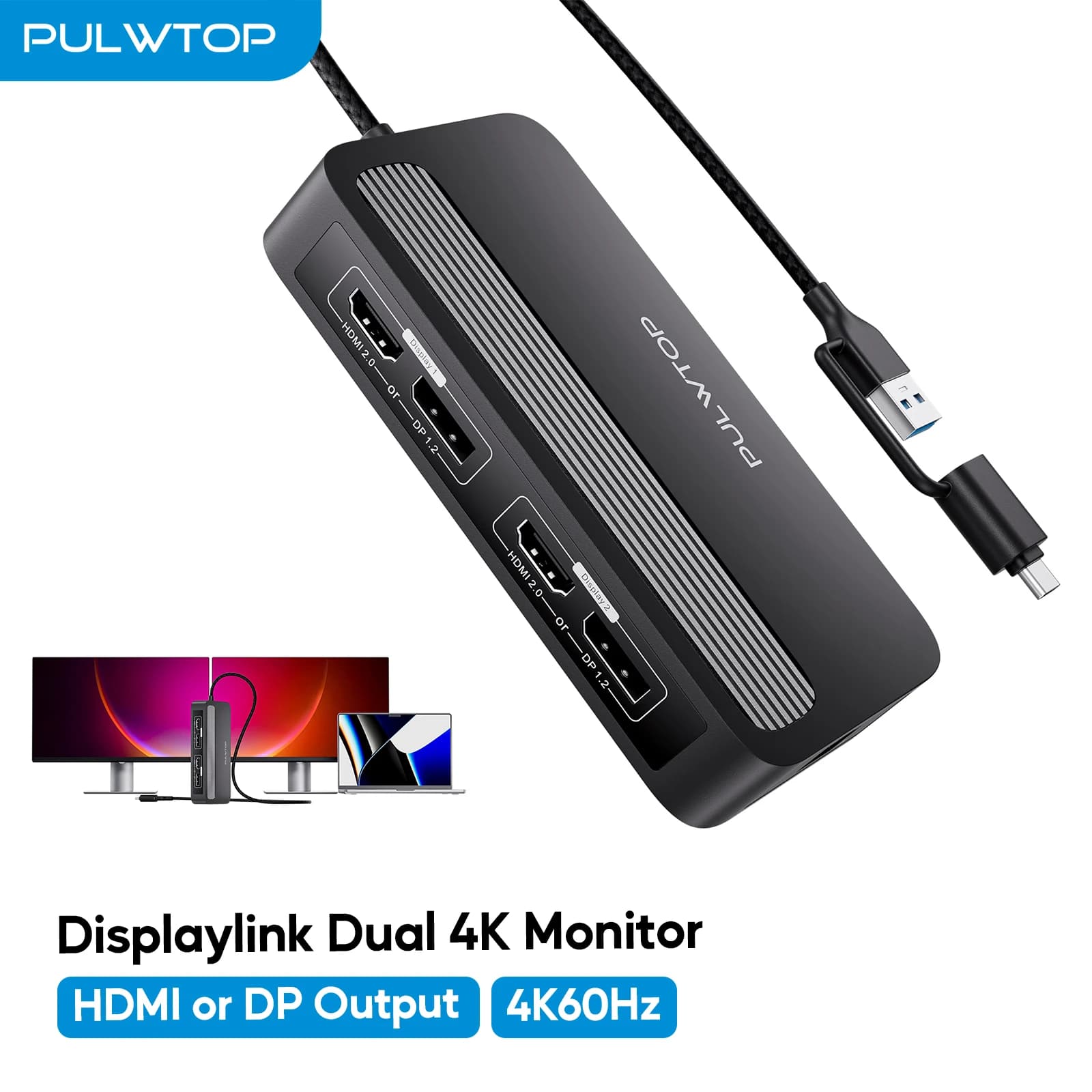 Docking station PULWTOP Dual DisplayLink con DisplayPort o HDMI, 2 USB A 2.0, Ethernet per MacBook M1/M2/M3/M4/M5/Windows