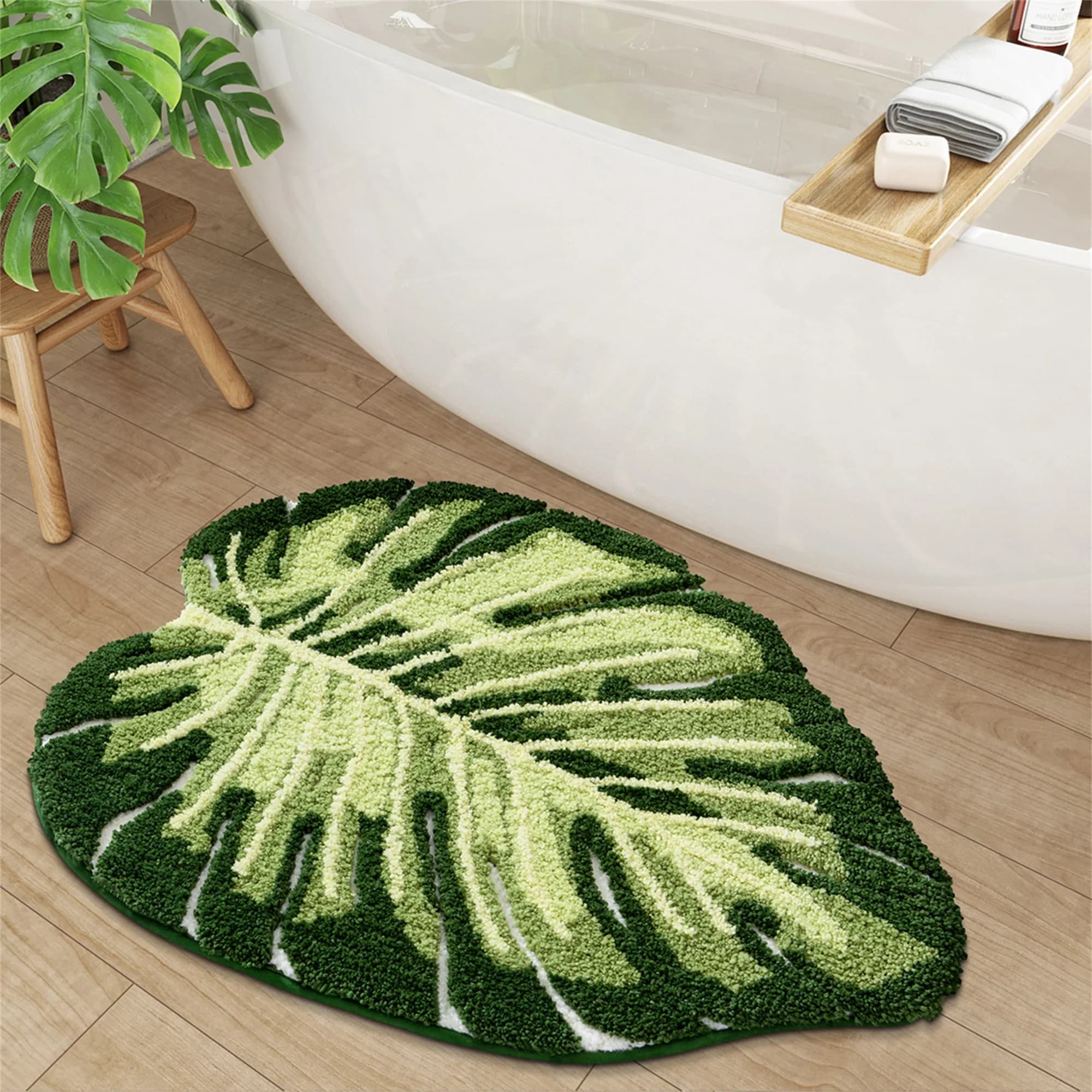 Tappeto da bagno morbido e in peluche con foglie verdi con schienale antiscivolo - Tappetino da bagno lussuoso e assorbente per l'arredamento della casa