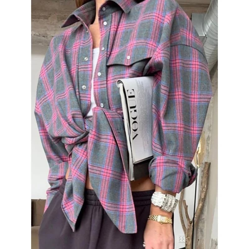 Pink Square Flannel Shirt and Woman Grid, with Bottoni, Long Sleeves, Blusa Casual Streetwear for Stratification