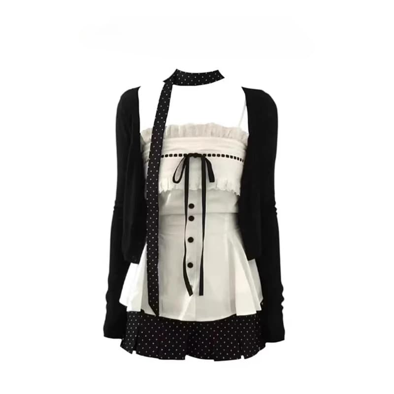 Set Elegante e Delicato da Donna in 3 Pezzi: Cardigan Casual + Top Sexy con Spalline + Minigonna a Pois Y2k a Vita Alta