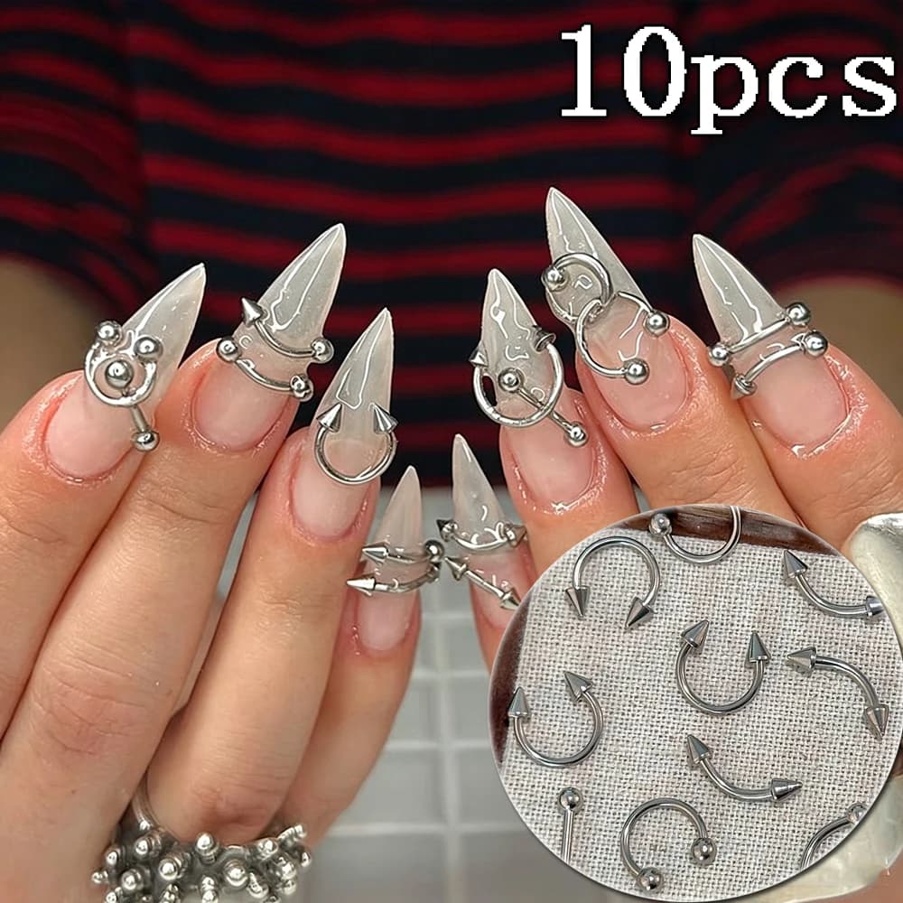 10Pcs 3D Metallic Silver Piercing Rivet Nail Charms Gothic Punk Detachable Alloy Curve Arrow Studs Nail Decorations DIY NailPart