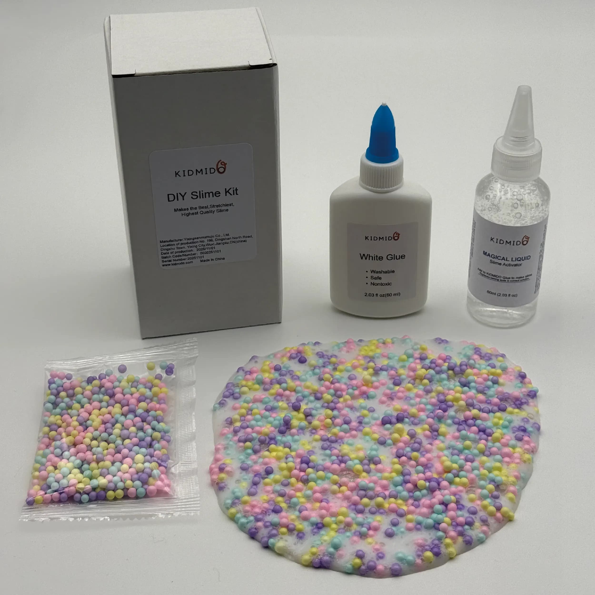KIDMIDO - DIY Slime Kit Includes White Glue, Slime activator and Color foam ball