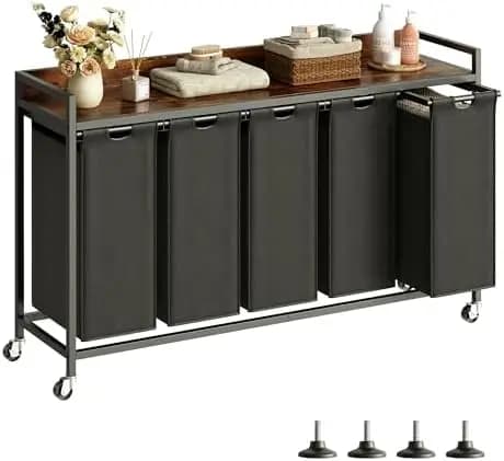 Laundry Hamper with Shelf, Laundry Basket 5 Section, Laundry Sorter with Pull-Out Removable Large Bags and Movable