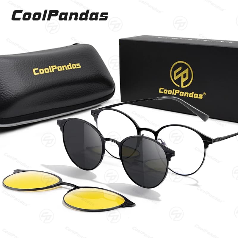 Occhiali da sole con clip magnetica con montatura rotonda in metallo alla moda Occhiali da sole polarizzati 3 in 1 Occhiali da vista anti-luce blu per uomo e donna