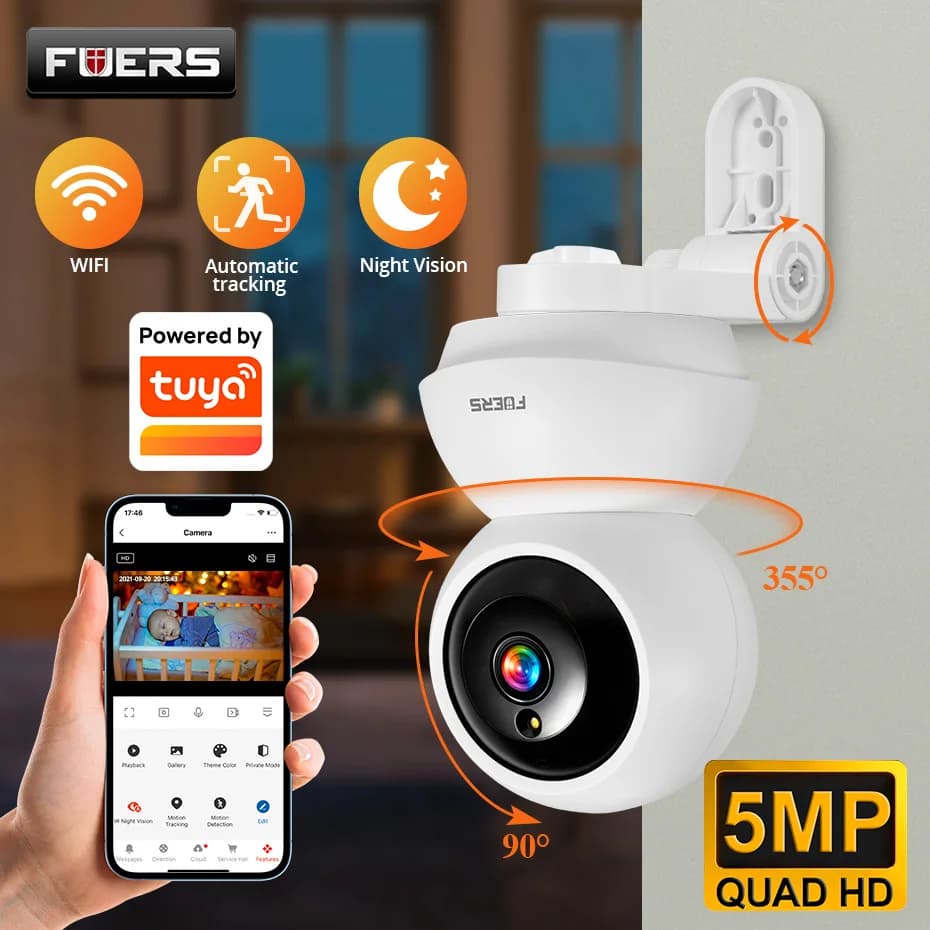 FUERS 4K 8MP WiFi Telecamera IP con staffa regolabile Tuya Smart Home Security Telecamera di sorveglianza wireless Baby Monitor Mini Cam