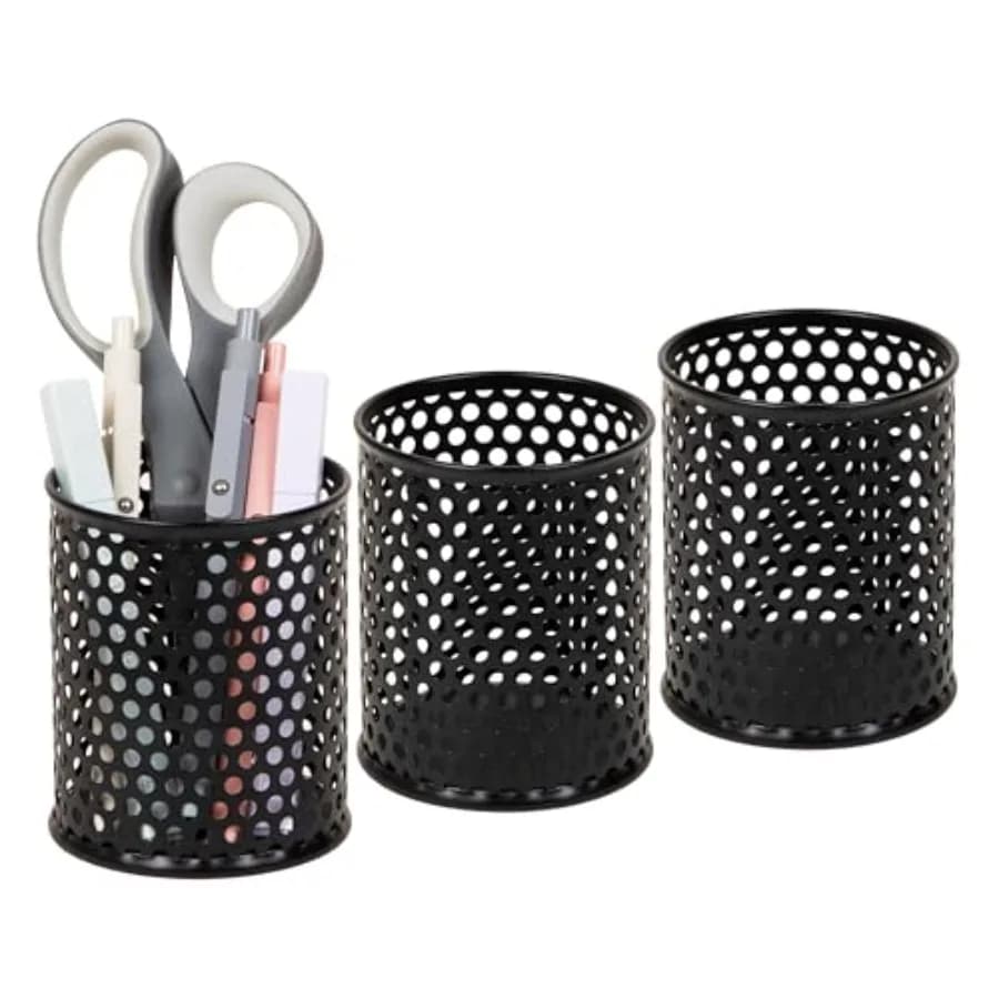 Metal Pen Cups, Mesh Pencil Holders, Desktop Organizer Set, Metal, Set of 3, Black
