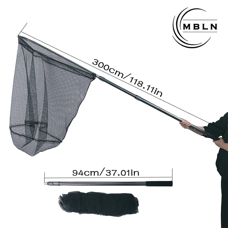 MBLN Guadino da pesca pieghevole telescopico grande 3M, testa di rete rivestita in gomma da 56 cm, rete profonda 60 cm, manico in lega di alluminio