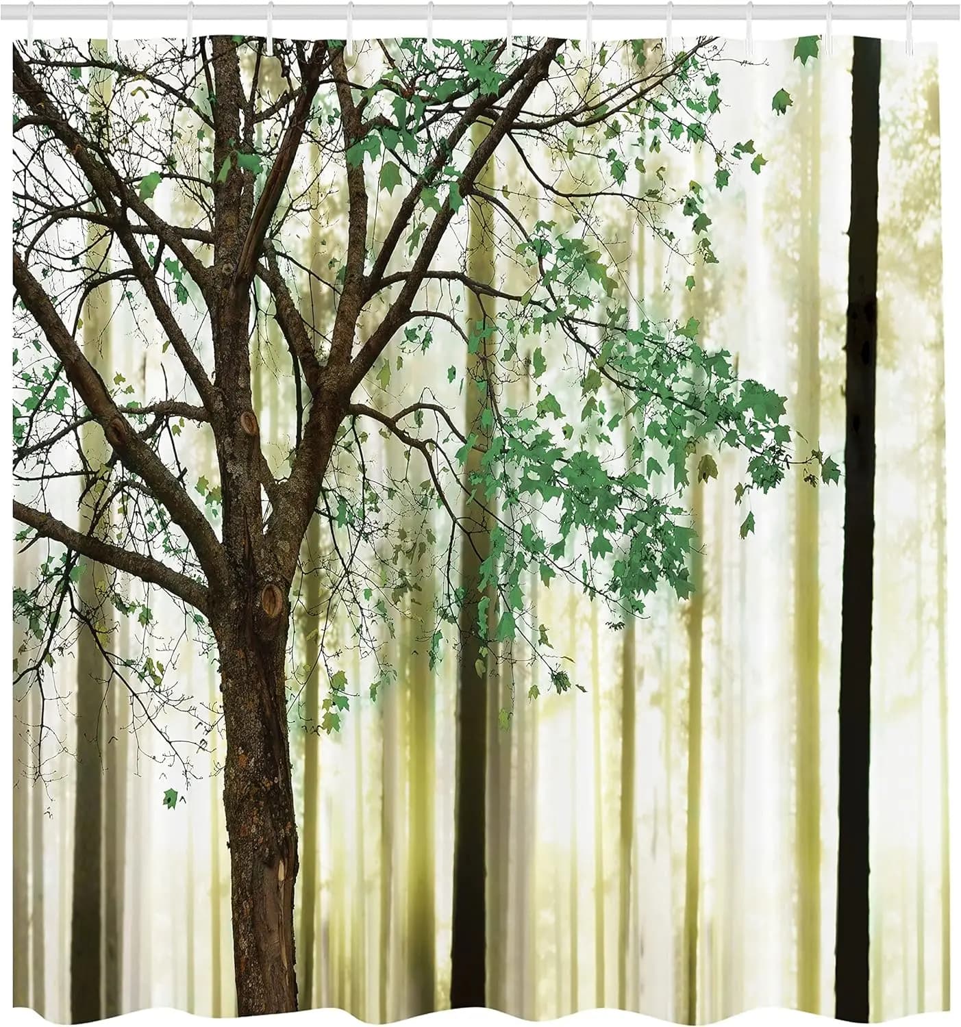 Tenda da doccia autunnale, foglie di alberi autunnali su sfondo del bosco, set di accessori da bagno in tessuto di stoffa con 12