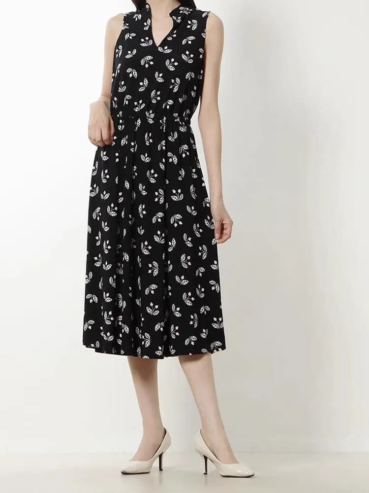Elegant Floral Print Cotton V-neck Slimming Commute Fashionable Midi Dress High Waist A-line Skirt Polyester Fabric Summer Dress