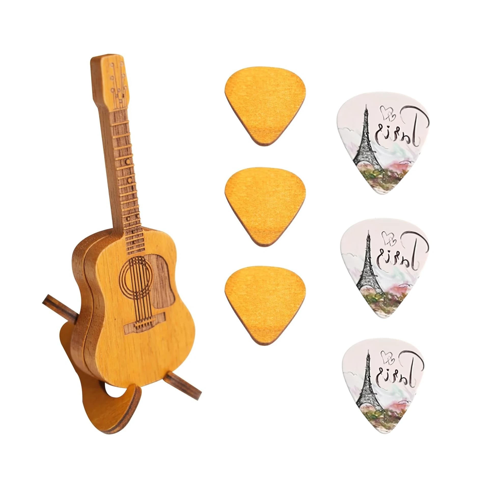 Plettro per chitarra in legno con supporto e plettri per chitarra in legno da 3 pezzi e regalo a 3 pezzi pagaie per chitarra dipinte a torre Eiffel per amante dei bassi