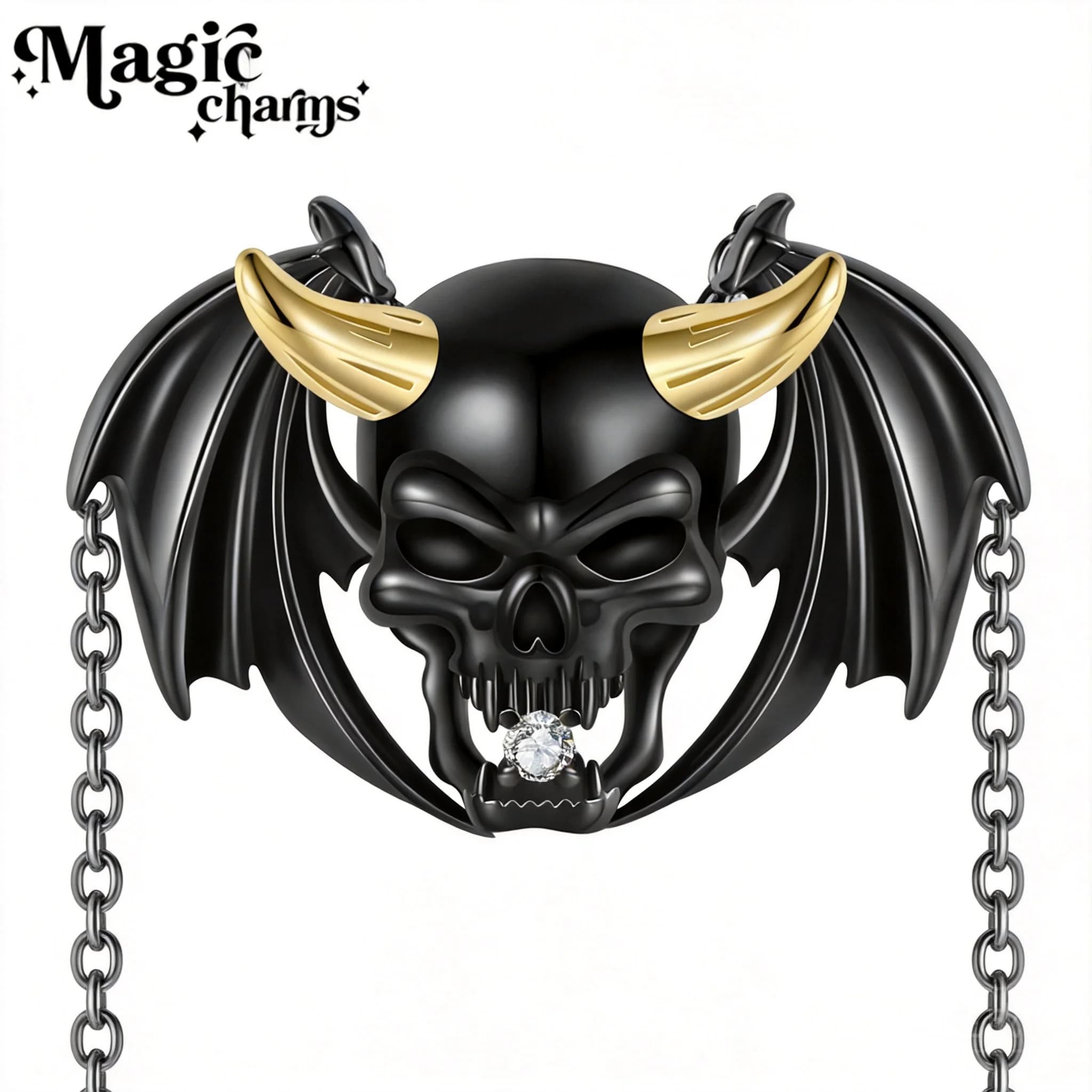 S925 Sterling Silver Black Plated Demon Skull Pendant Necklace Golden Horn Bat Wing Cubic Zirconia Dark Gothic Punk Lucky Jewelr