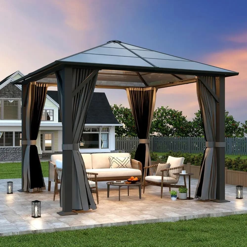Gazebo 10x10 with Rigid Roof in Polyethylene and Steel Frame, Exterior Pavilion with Grigie and Zanzariera Curtains for Courtyard, Meadow, Garden