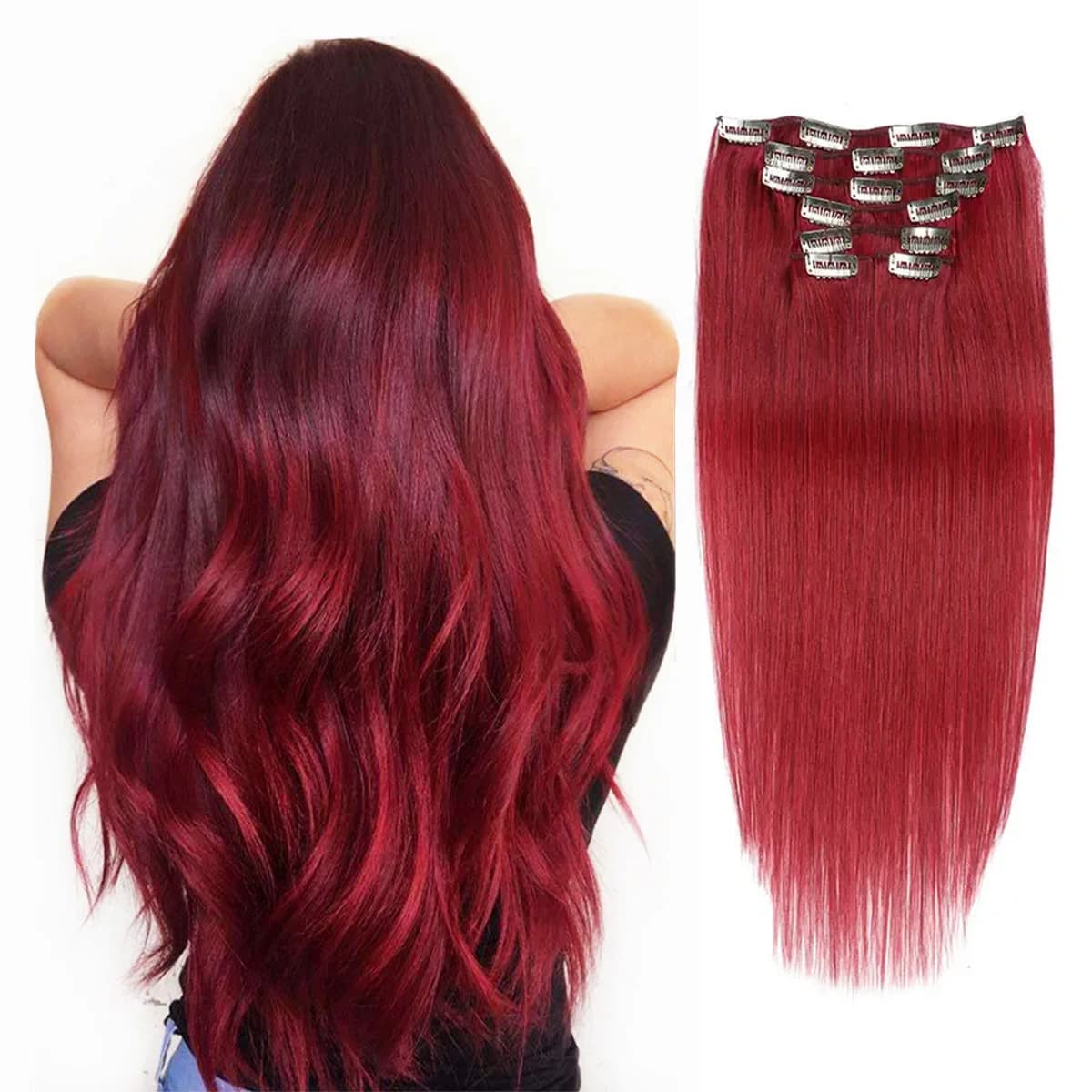 Clip nell'estensione dei capelli s veri capelli umani 14-18 pollici 7 pezzi Clip di estensione dei capelli umani Ins borgogna vino rosso lungo testa piena per le donne