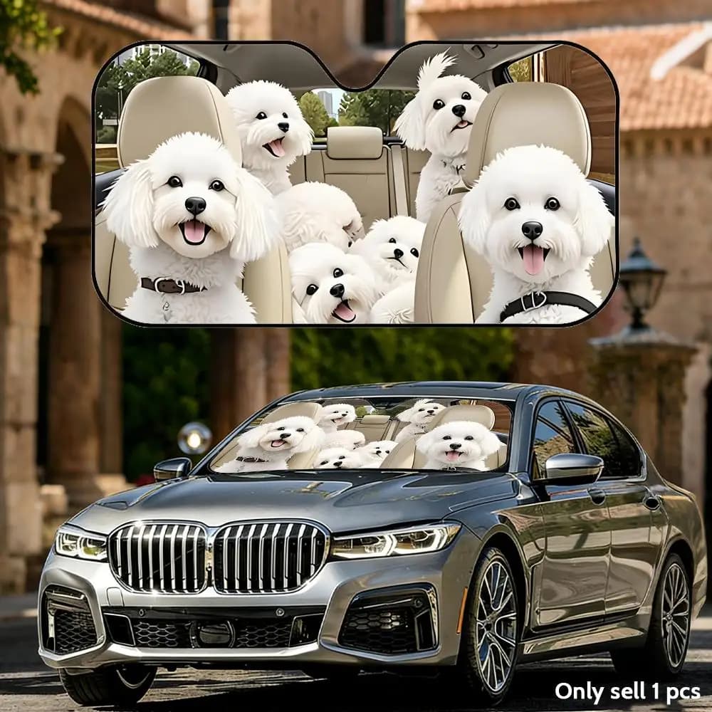 Divertente Parasole per Auto a Forma di Cane Bichon Frise, Pieghevole, Universale, Protezione UV, Isolamento Termico, Copertura Richiudibile