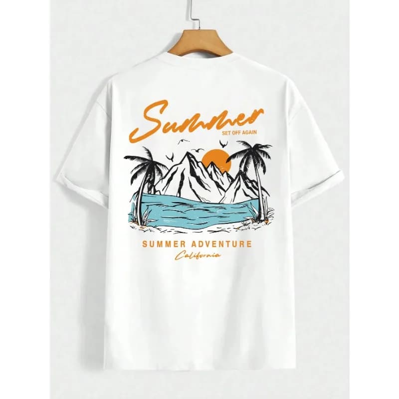 Summer adventure starts again. Men's T-shirt. Cotton loose-fitting top. Fashionable sportswear.