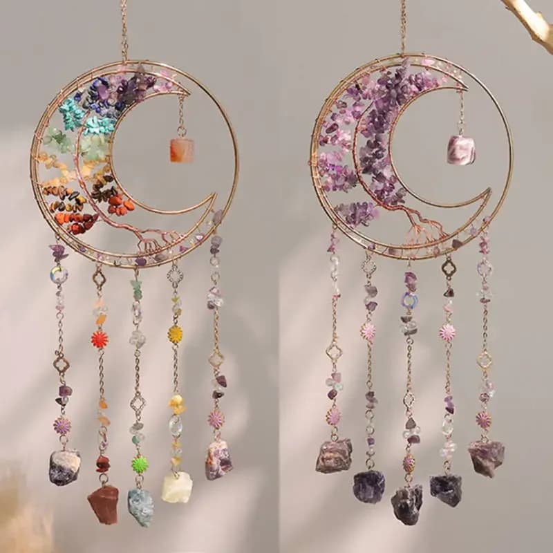 Crystal Gemstone Tree of Life Suncatcher Natural Stone Sun Catcher Dream Catchers Moon Hanging Wind Chimes Home Room Decor Gift