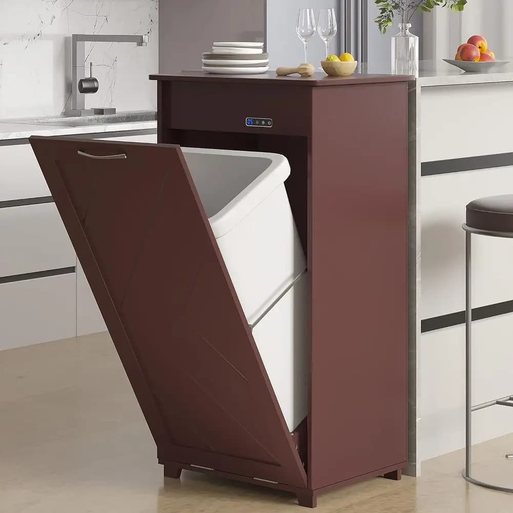 Cestino per Rifiuti da Cucina, Contenitore Antimacchia per Cani con Supporto in Legno, Bidone per Riciclaggio Autoportante, Marrone