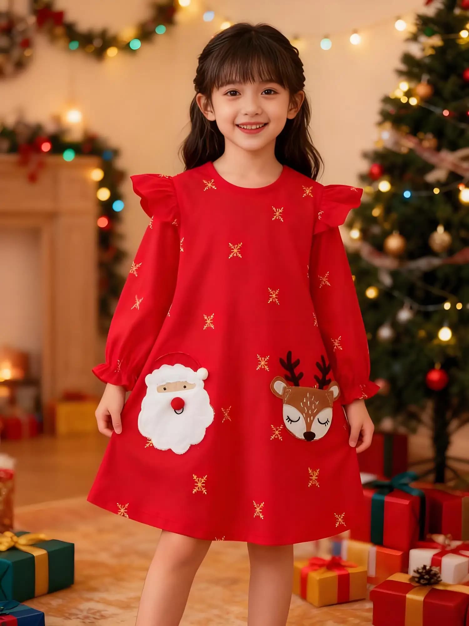 Toddler Girl Christmas Dress - Red Santa & Reindeer Snowflake Holiday Dress with Ruffle Sleeves