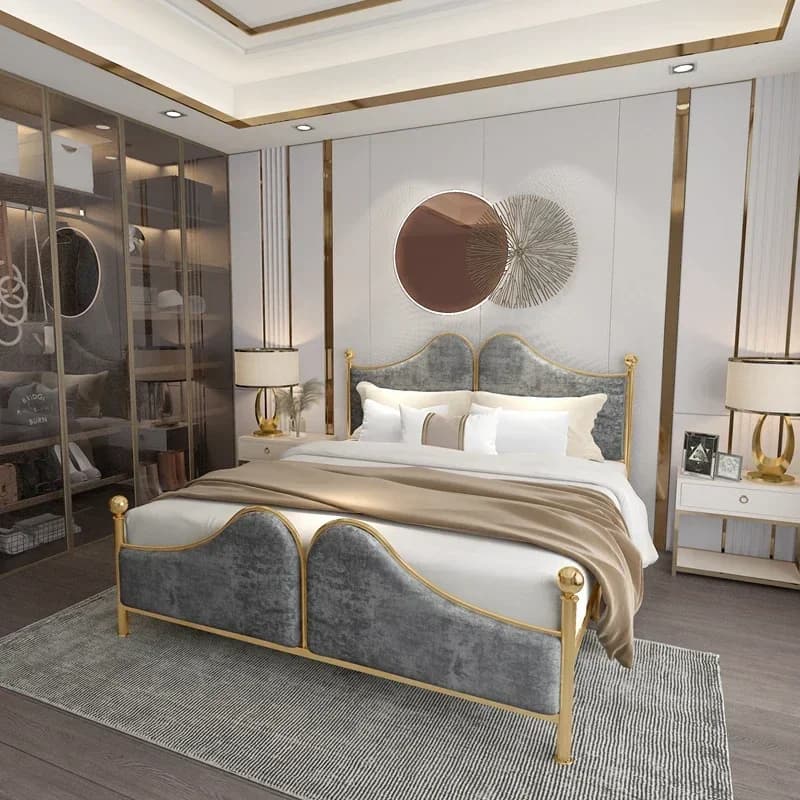 Letto matrimoniale moderno semplice con struttura in ferro rivestita in tessuto morbido, 180x200 cm, stile nordico, lusso leggero, letto in ferro battuto dorato, letto in metallo per camera da letto