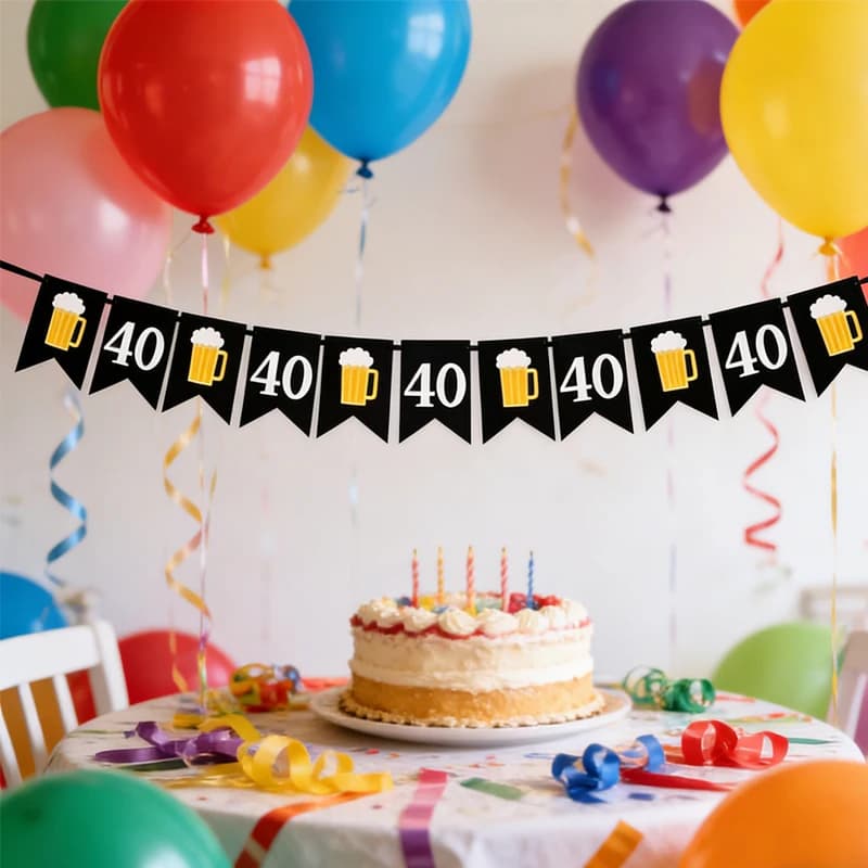 Striscione per 40° Compleanno con Bicchieri di Birra, Ghirlanda di Bandierine Nere, Decorazioni per Festa di Compleanno Maschile, Accessori 'Ciao 40'