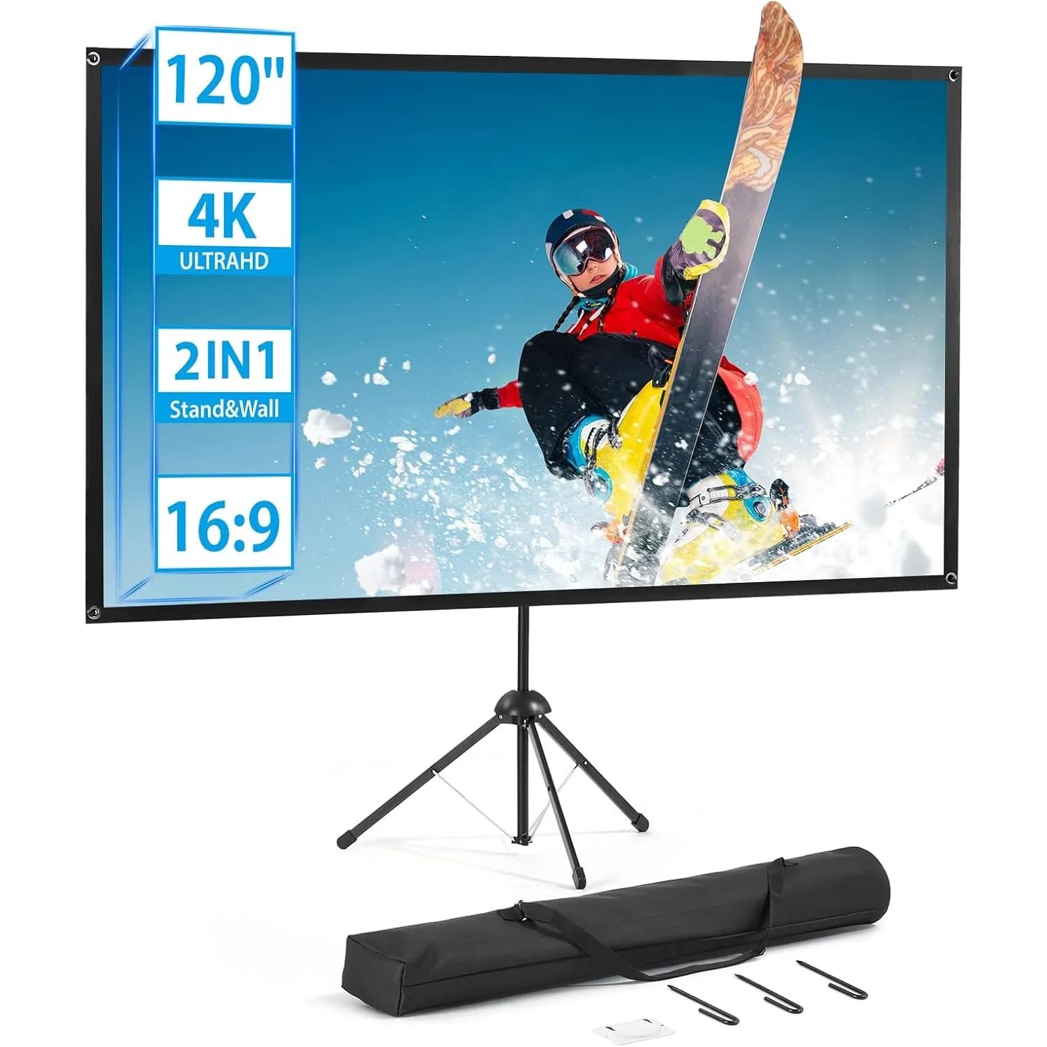 Schermo per proiettore da 120 pollici con supporto, schermo di proiezione portatile da esterno 16:9, treppiede leggero, facile da montare per home cinema