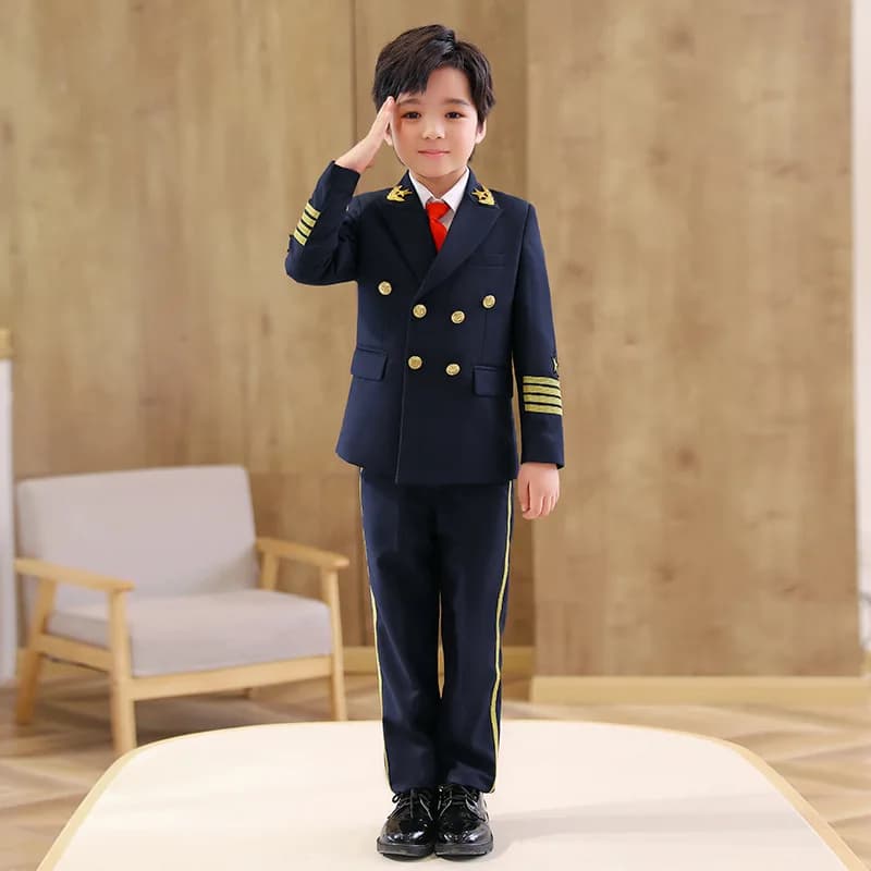 Abito uniforme da pilota per ragazzi Pantaloni Jakcet formali per bambini Set completo da ragazzo Abito da sposa blu scuro Costume di scena per fotografia di compleanno per bambini