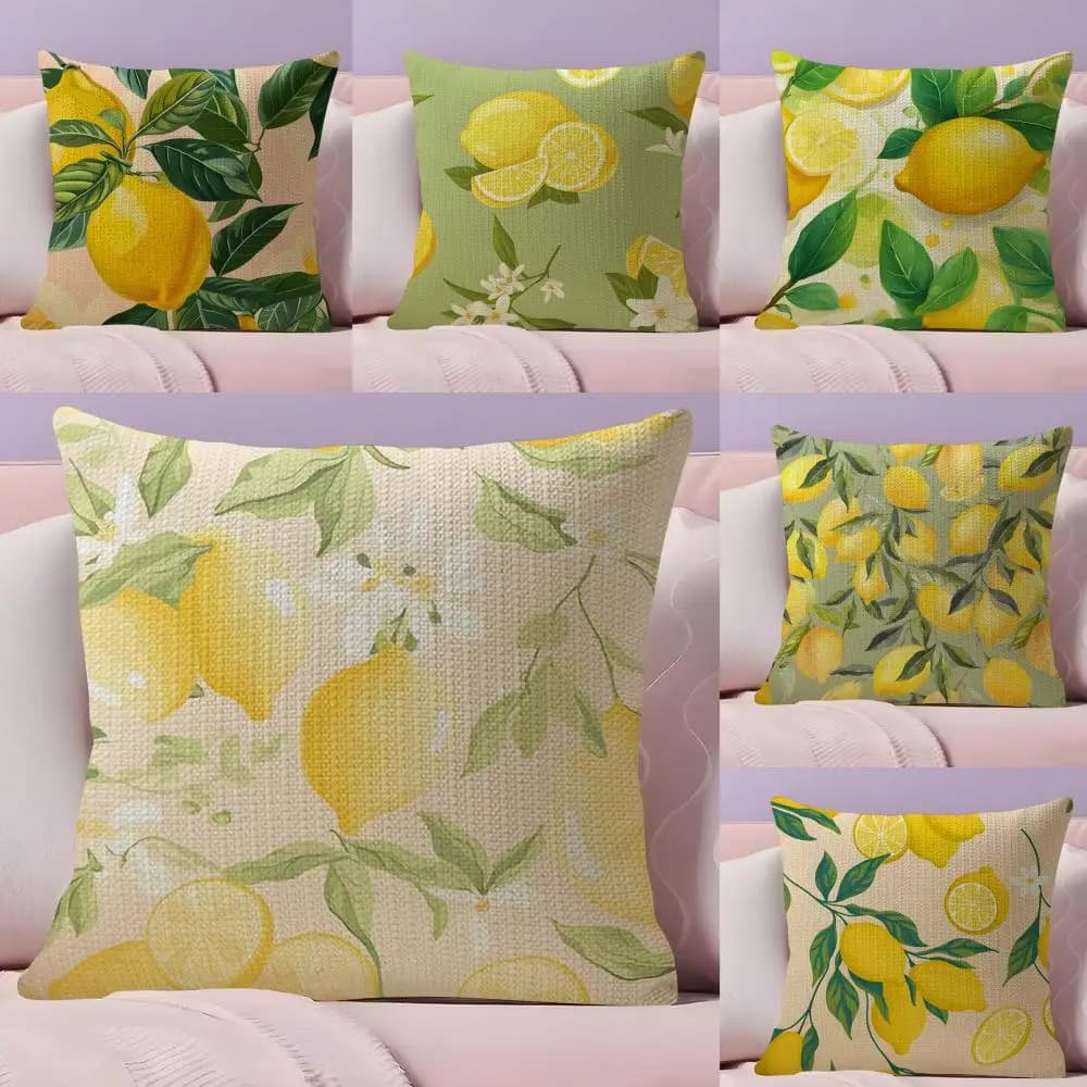 Lemon Fashion pillow sheet in natural linen, front-back printing, decorative for sofa, gift for home decor