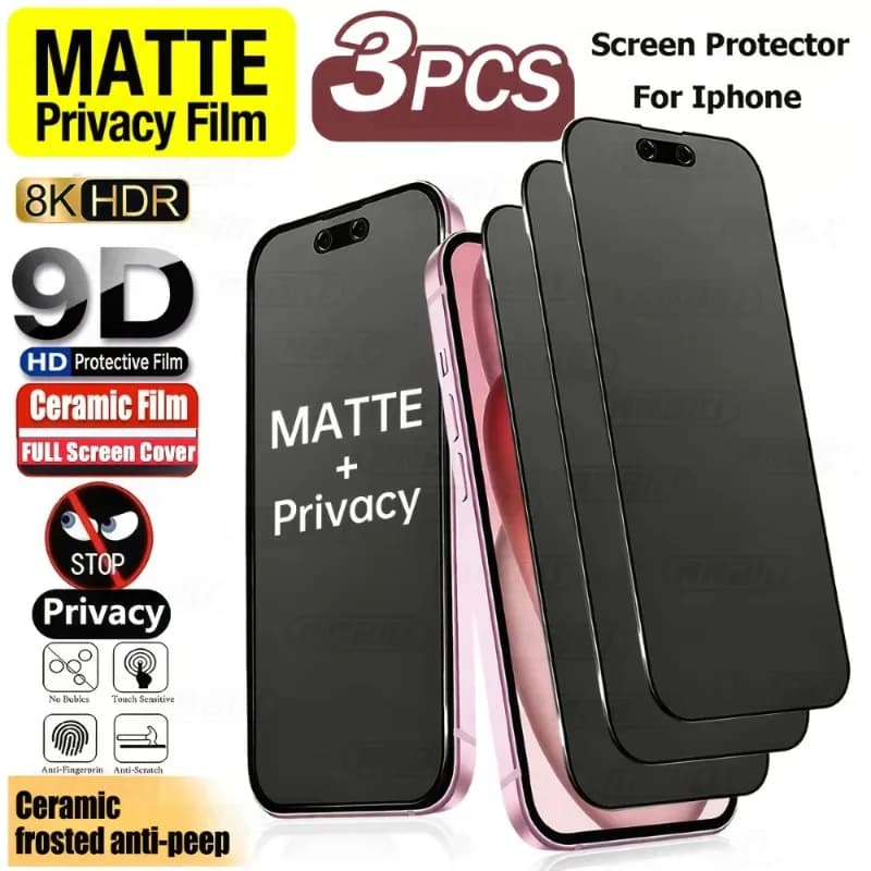 3Pcs Matte Frosted Privacy Ceramic Full Screen Protectors Made for iPhone 17 16 15 14 13 12 11 Pro Max 16 17e Plus Series