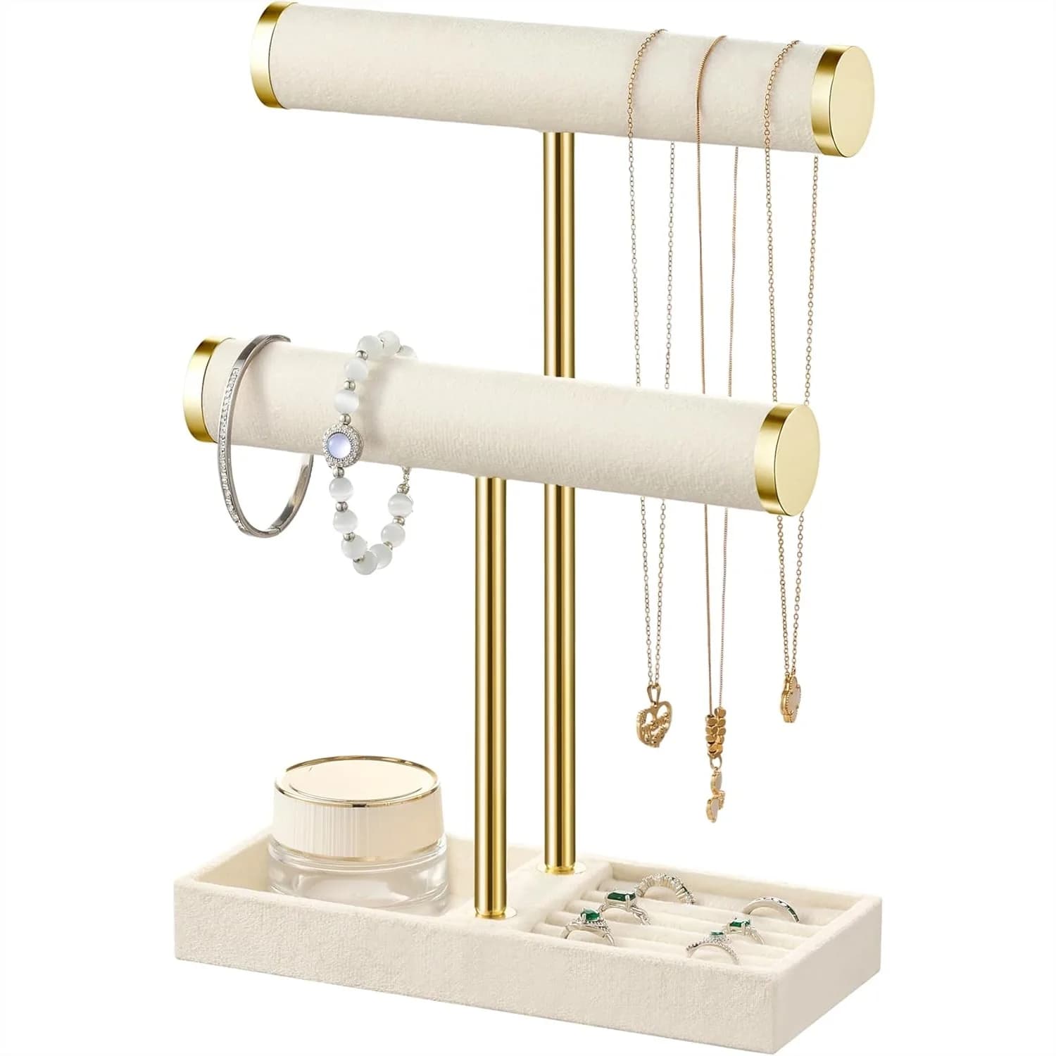 Espositore per Bracciali a 2 Livelli - Organizzatore di Gioielli in Velluto Beige con Barra a T Staccabile per Bracciali, Collane, Orecchini