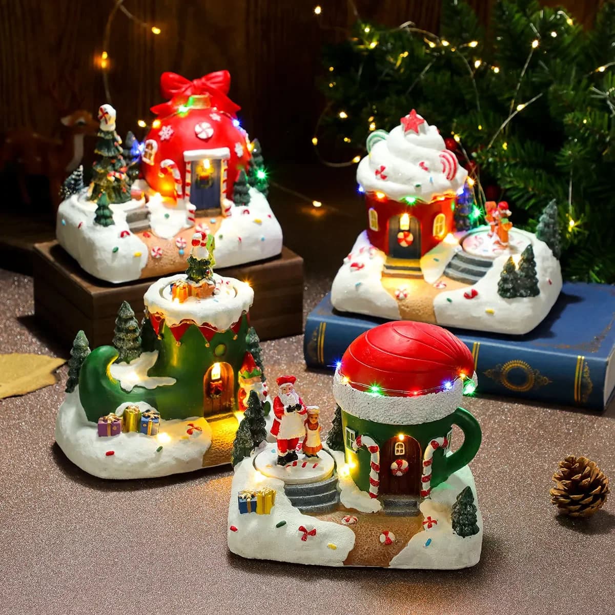 2025 Christmas Scene Decoration LED Light Resin Rotating Music Xmas Boots Ice Cream Statue Home Decor Desktop Bedroom Ornaments
