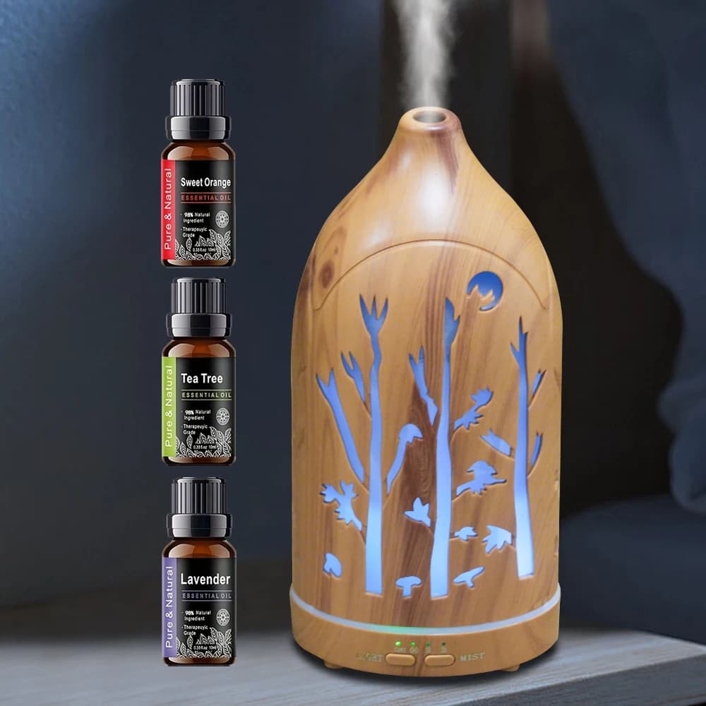 Diffusore di oli essenziali per aromaterapia da 200 ml Umidificatore dal design scavato Luce notturna a LED a 7 colori Spegnimento automatico Silenzioso per il sonno