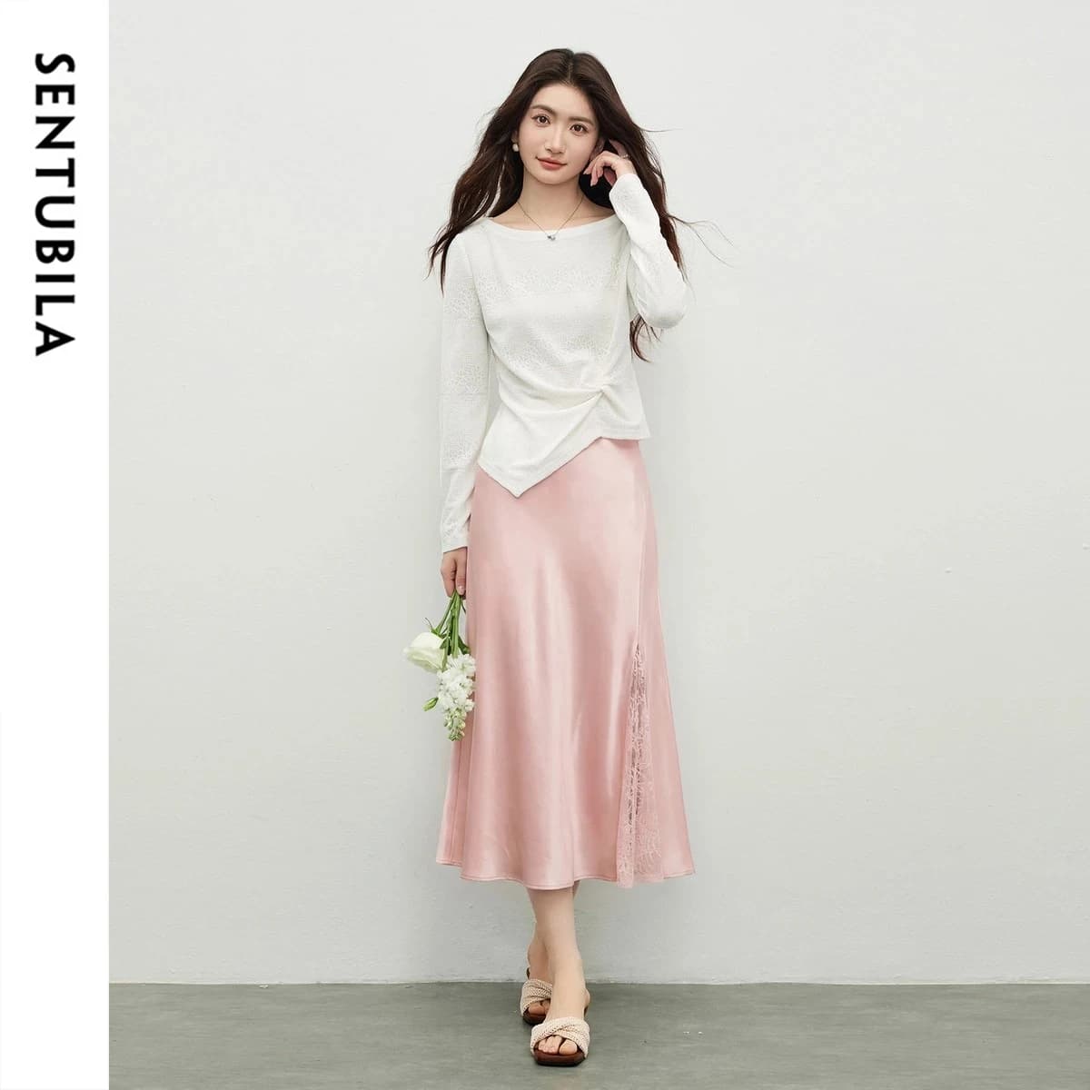 SENTUBILA Set Donna: Top in Maglia Jacquard con Inserti in Pizzo Effetto Raso e Gonna Lunga a Sirena, Elegante per l'Ufficio, Estate 2026 161ZK7094Z