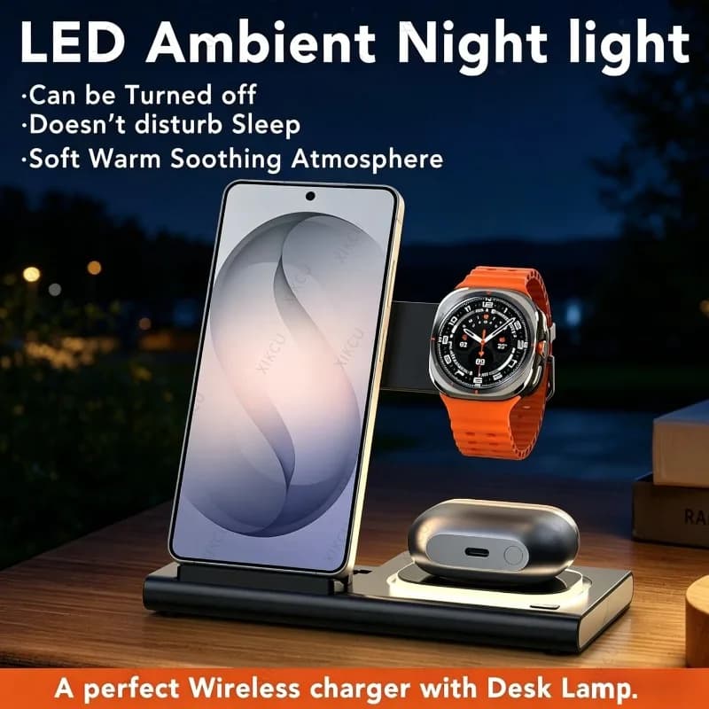 Caricatore wireless 3 in 1 con luce notturna ambientale a LED per telefono, orologio, auricolari, accessorio da comodino, casa, ufficio, scrivania.