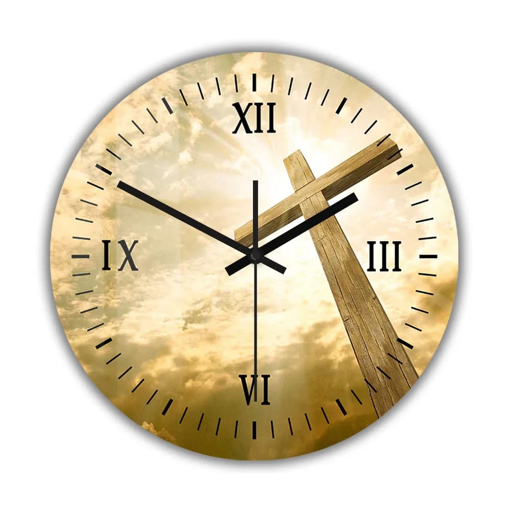 Orologio da Parete con Croce Cristiana per Chiesa, Cappella, Casa, Croce in Legno con Cielo Illuminato, Orologio Decorativo Religioso