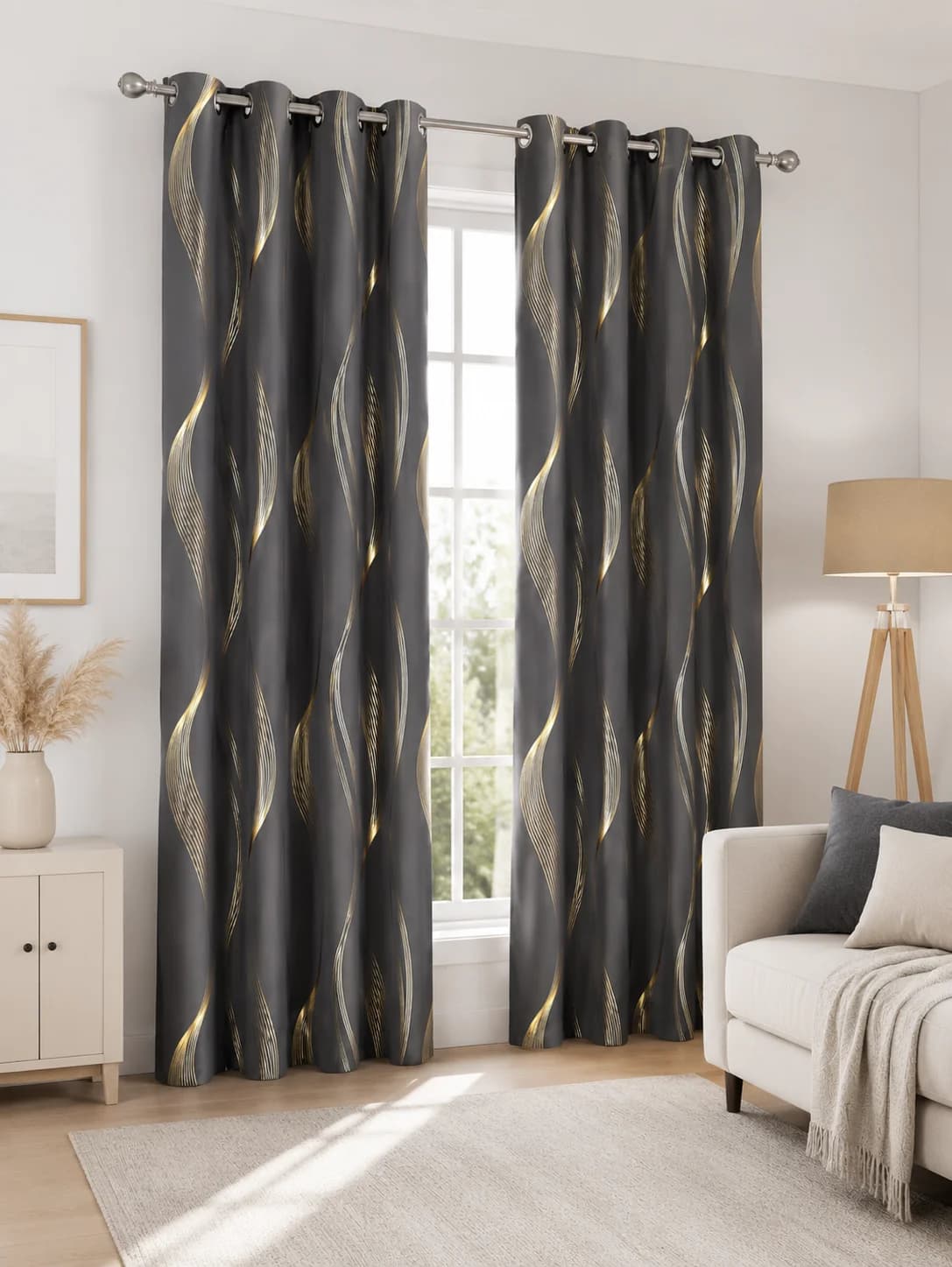 1pc Dark Grey Gold Foil Wave Blackout Curtain, Luxury Eyelet Window Drapes for Modern Living Room Bedroom Decor