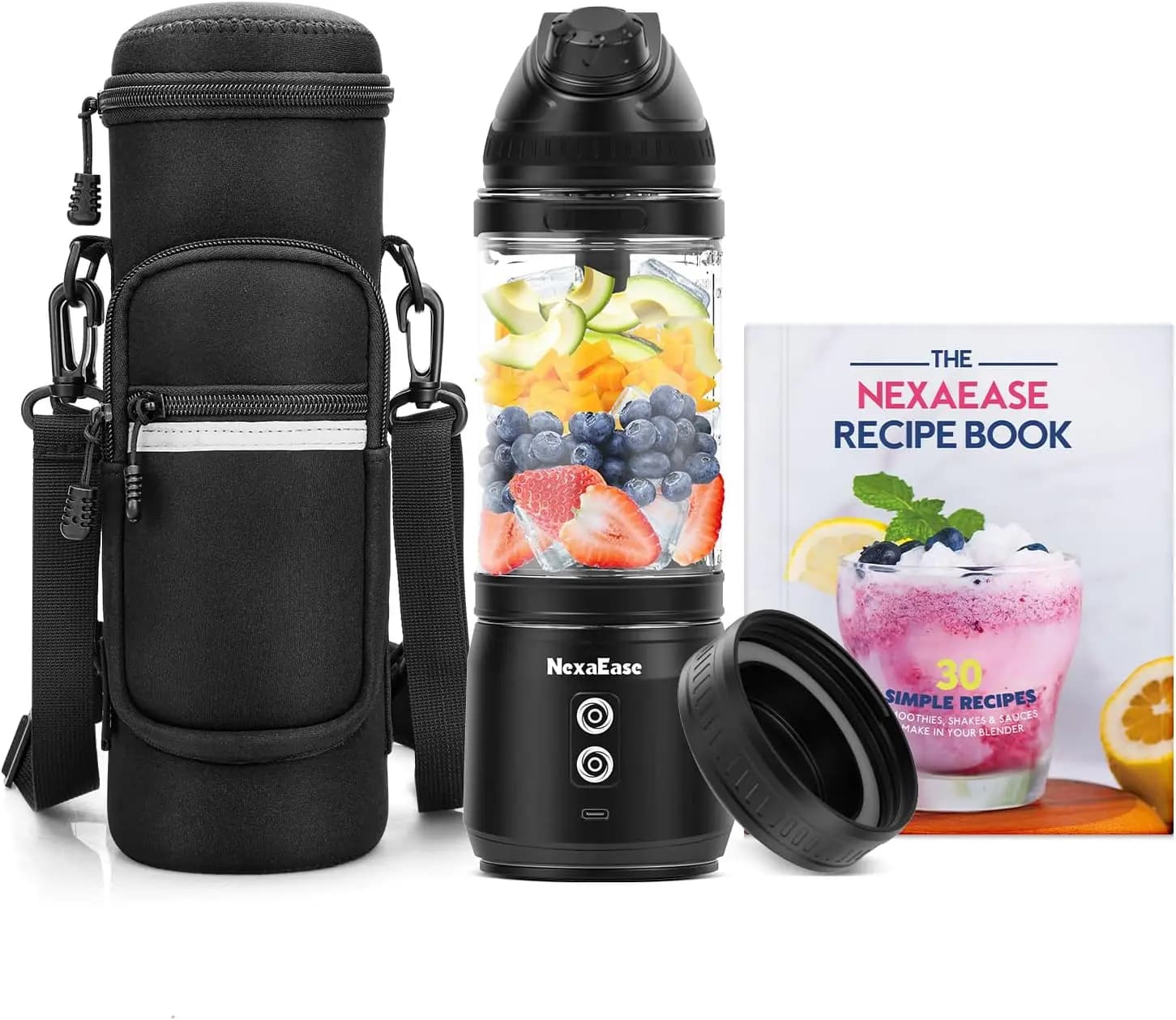 Frullatore Portatile Ricaricabile USB-C con Custodia Isolante, Libro di Ricette, Bottiglia da 24oz per Frullati e Smoothie