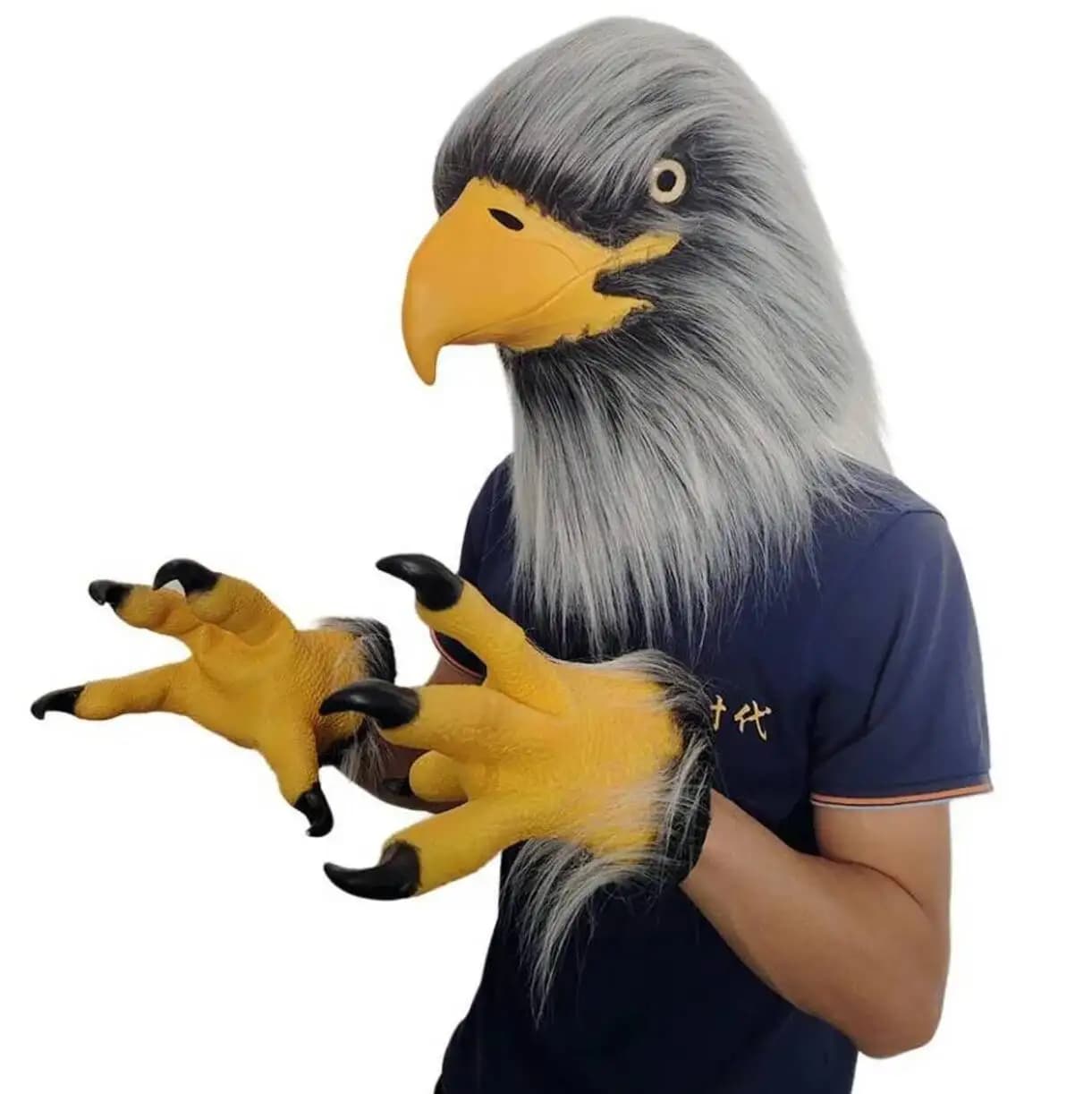 Maschera e Guanti a Forma di Artiglio di Aquila in Peluche, Costume da Falco, Casco in Lattice, Accessori per Travestimenti di Halloween e Feste a Tema